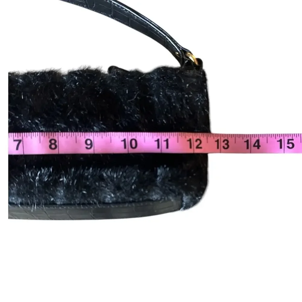 Kate Spade Black Faux Fur Shoulder Bag Embossed Strap Bright Print Lining Chic